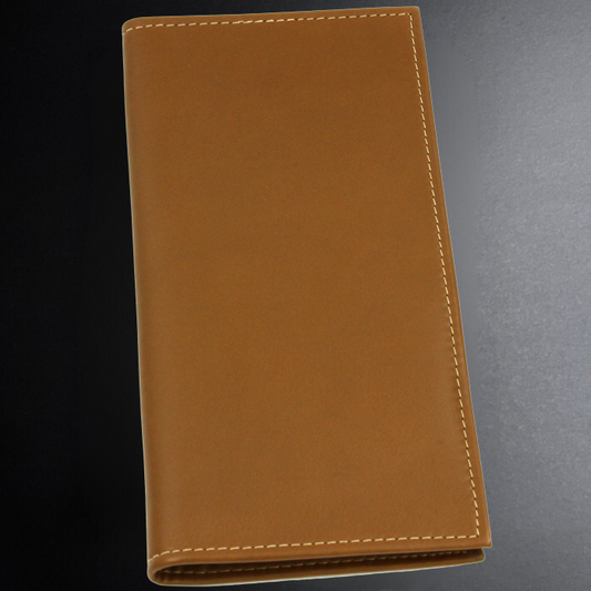 Brown leather wallet on a dark gray background
