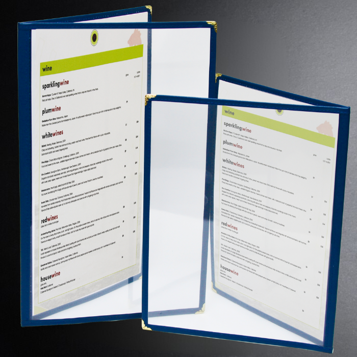 Open wine menu with blue border on a gray background