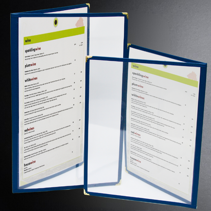 Open wine menu with blue border on a gray background