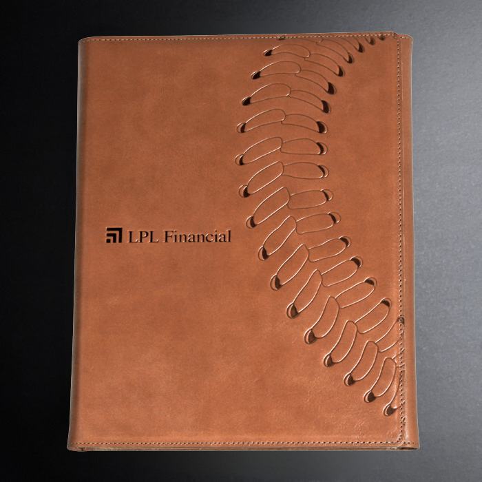 Brown leather-bound notebook with LPL Financial logo on a gray background
