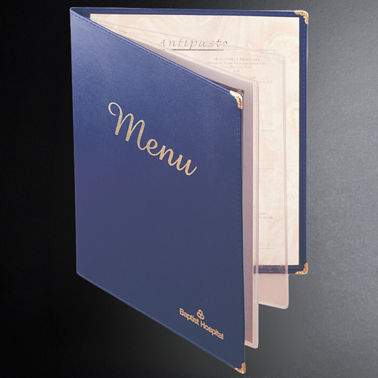 Blue menu cover with 'Menu' text on a dark background