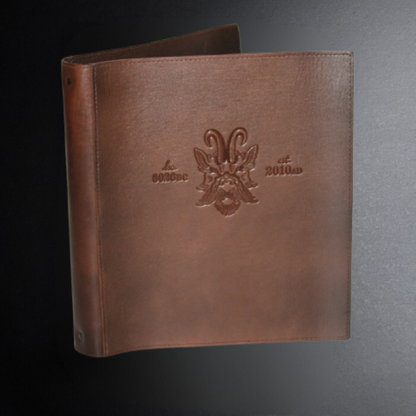 Brown leather menu cover with embossed logo and text on a dark background