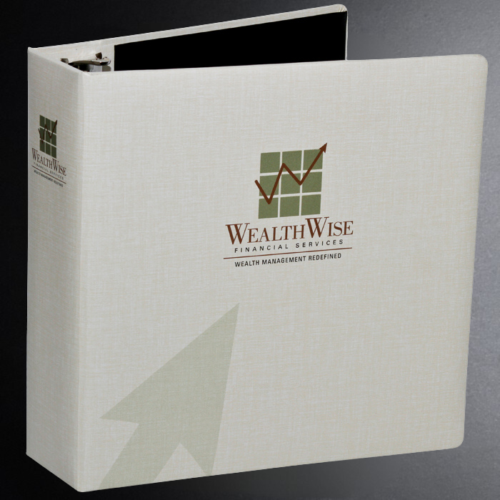 White binder with WealthWise Financial Services logo on a gray background