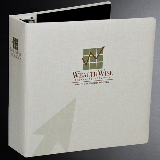 White binder with WealthWise Financial Services logo on a gray background