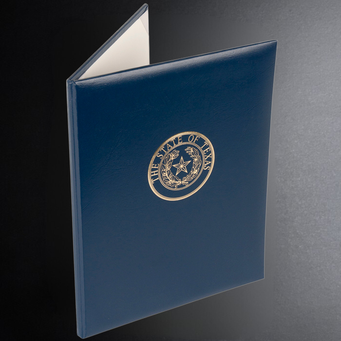 Blue folder with a gold emblem on a gradient background