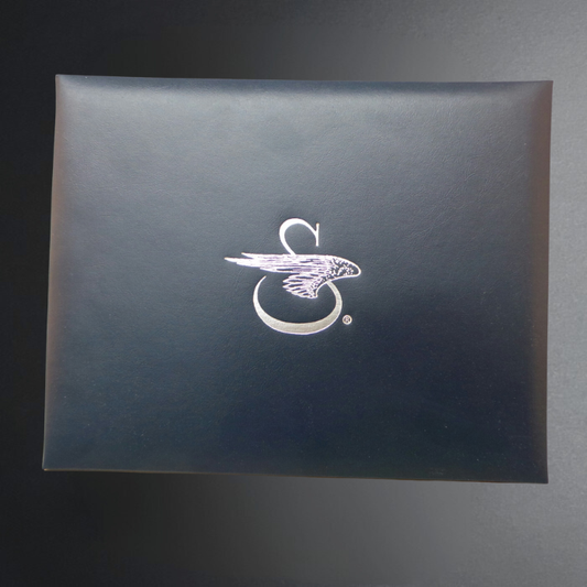 Dark blue envelope with a white logo on a dark background