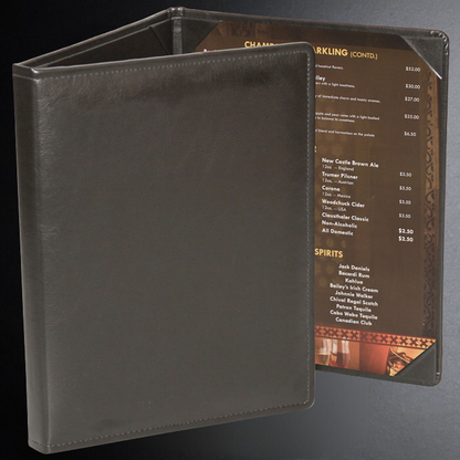 Black menu cover with a partially open menu displaying drink options on a dark background
