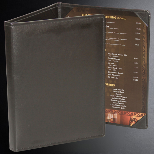 Black menu cover with a partially open menu displaying drink options on a dark background