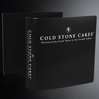 Black packaging with 'Cold Stone Cakes' branding on a gray background