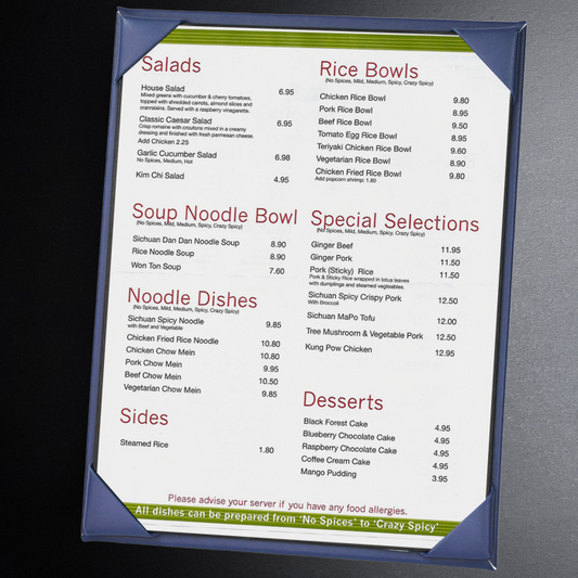 Menu with various food items and prices on a gray background
