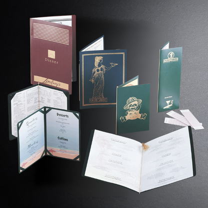 Collection of restaurant menus with various designs on a dark background