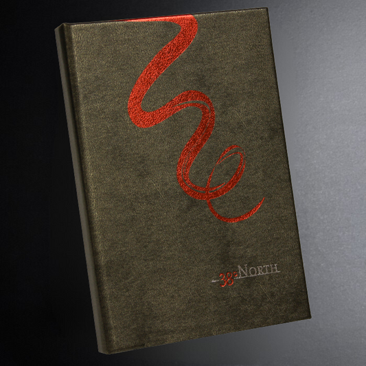 Dark textured book with red design and '38 Degrees North' logo on a gradient background
