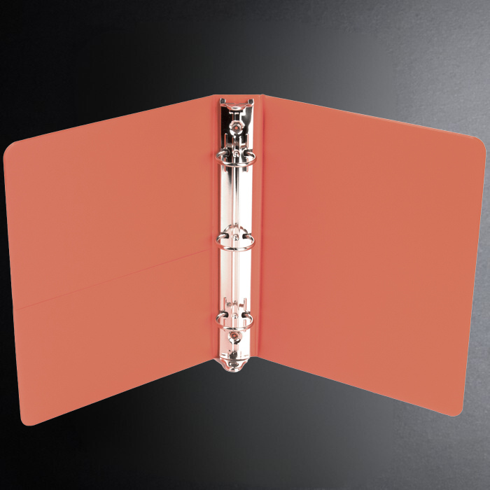 Open orange folder with a silver three-ring binder on a dark background