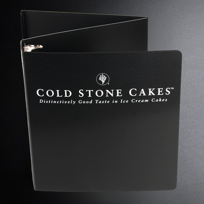 Black menu cover with 'Cold Stone Cakes' logo and text on a dark background