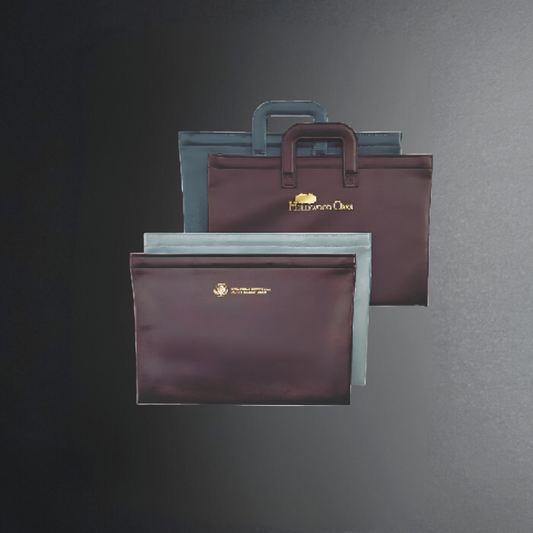 Two bags, one purple and one blue, with a visible brand logo on a dark background.