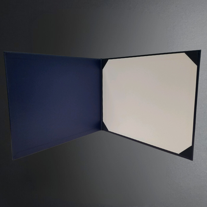 Open blue card with white interior on a dark gray background