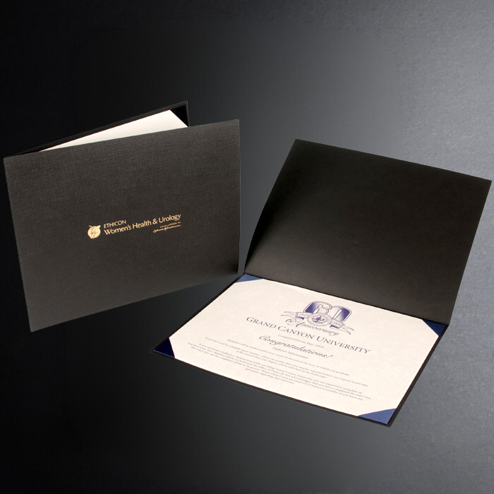 Diploma in a black diploma holder on a dark background