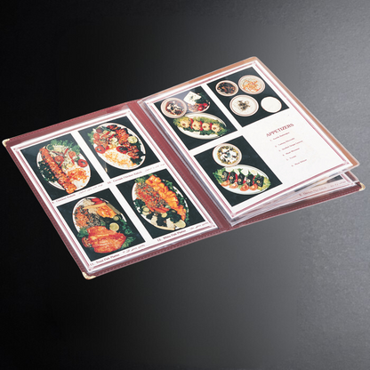 Open menu with images of food on a dark background