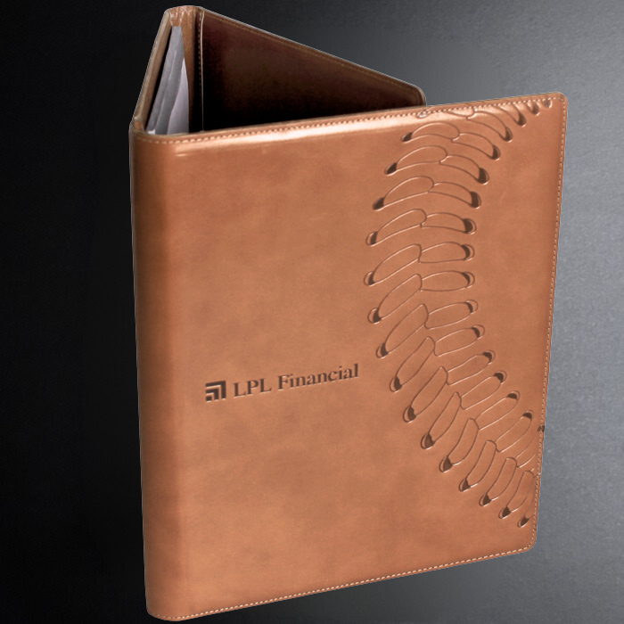Brown leather folder with LPL Financial logo on a dark background