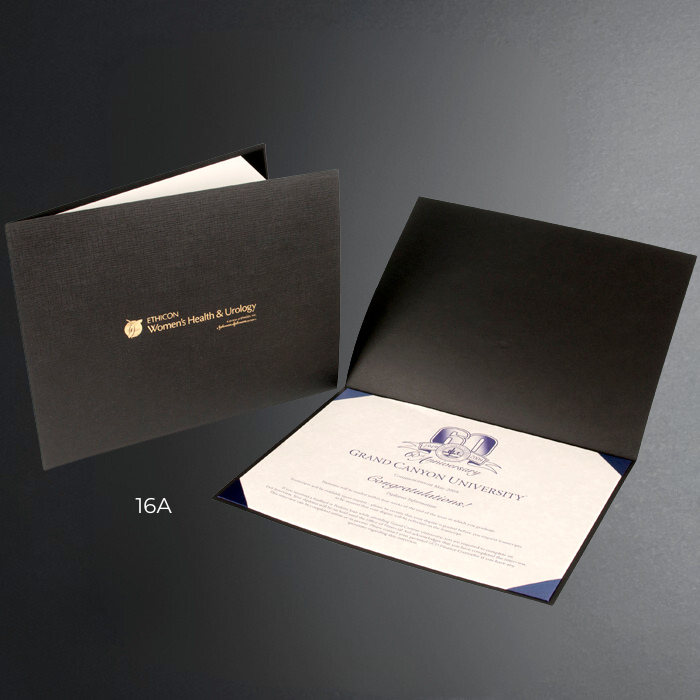 Black diploma holder with a certificate inside on a dark gray background