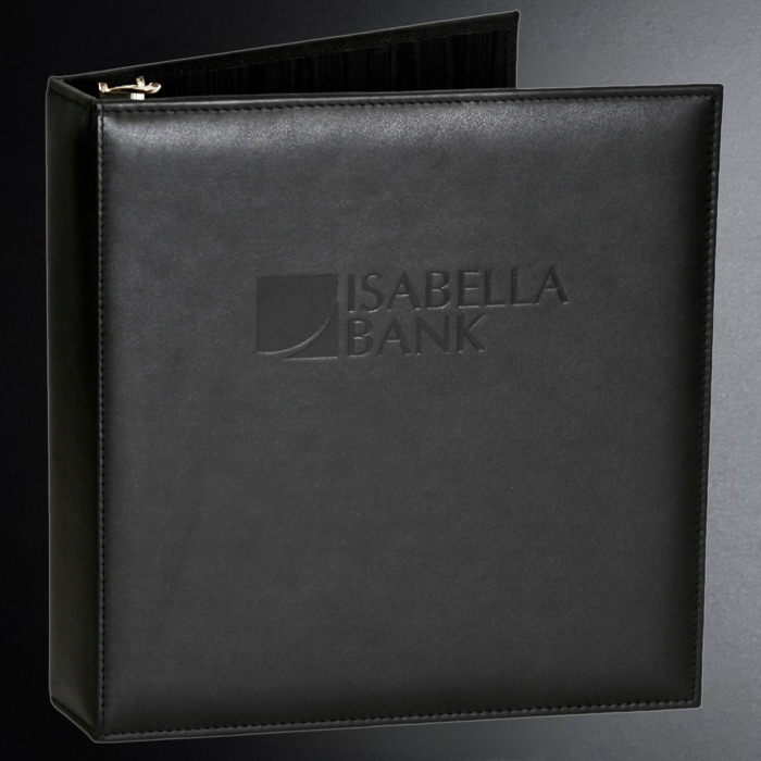Black binder with 'Isabella Bank' logo on a gray background