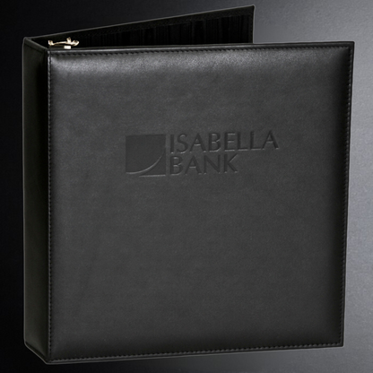 Black binder with 'Isabella Bank' logo on a gray background