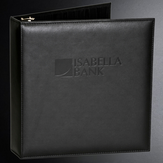 Black binder with 'Isabella Bank' logo on a gray background
