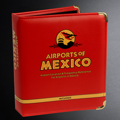 Red book titled 'Airports of Mexico' with gold accents on a dark background
