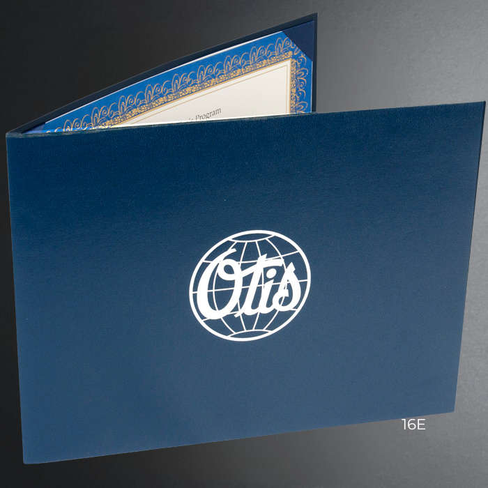 Blue folder with Otis logo on a gray background