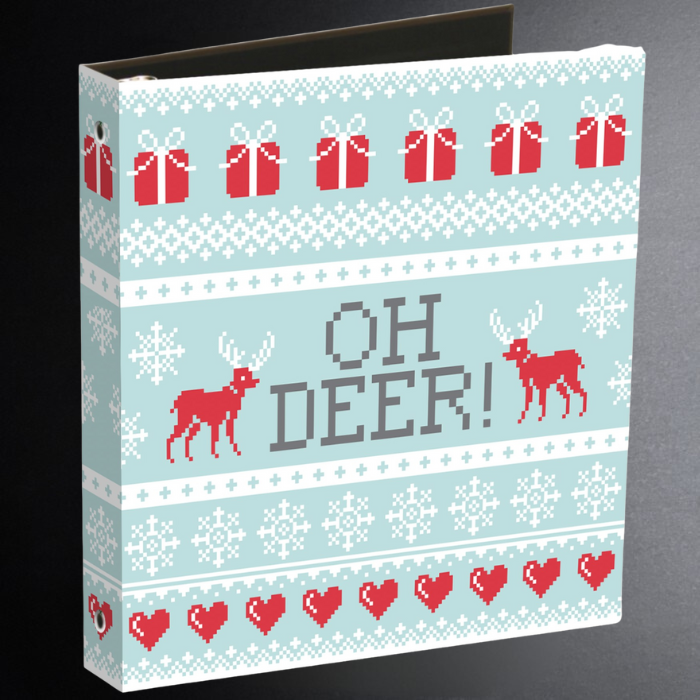 Decorative album with Christmas-themed design featuring reindeer, presents, and text 'OH DEER!' on a light blue background.