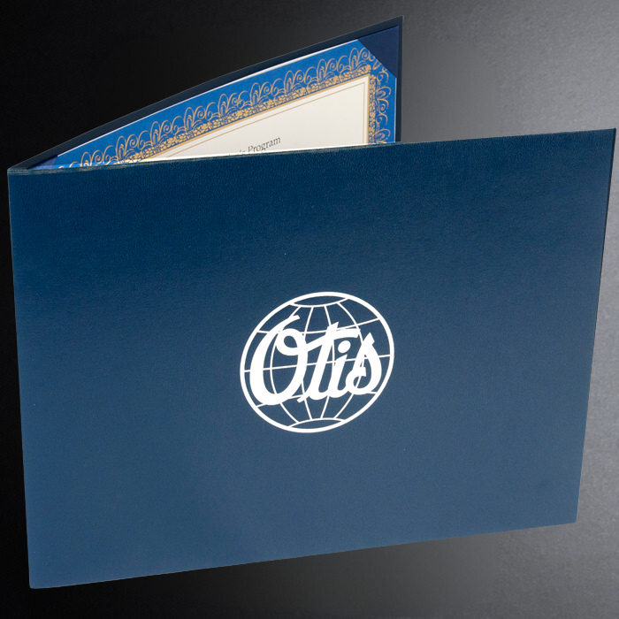 Blue folder with a logo on a gray background