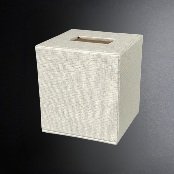 Beige textured square tissue box on a dark background