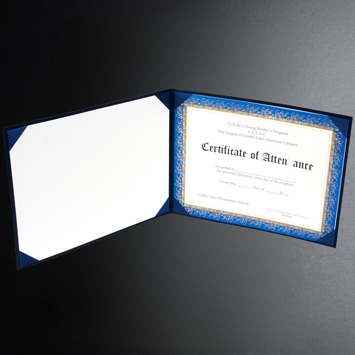 Certificate of Attendance in a blue border holder on a dark background