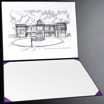 Architectural drawing of a building on a white card with a purple border, placed on a gray surface.