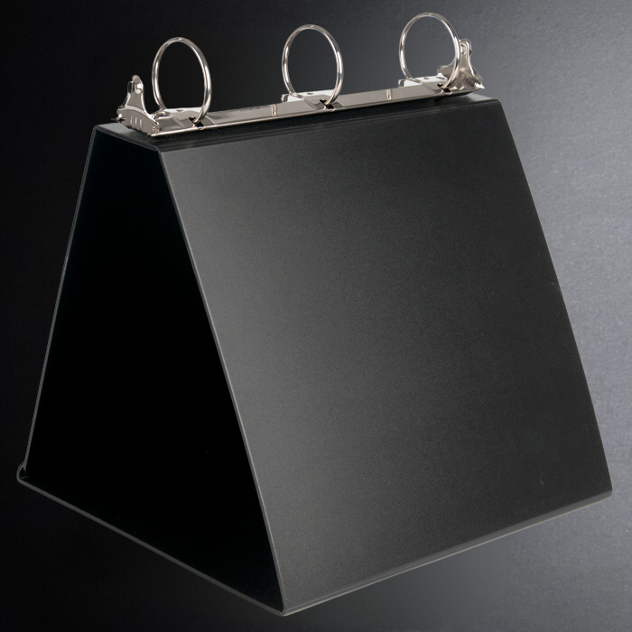 Black metal stand with three ring binders on a dark background