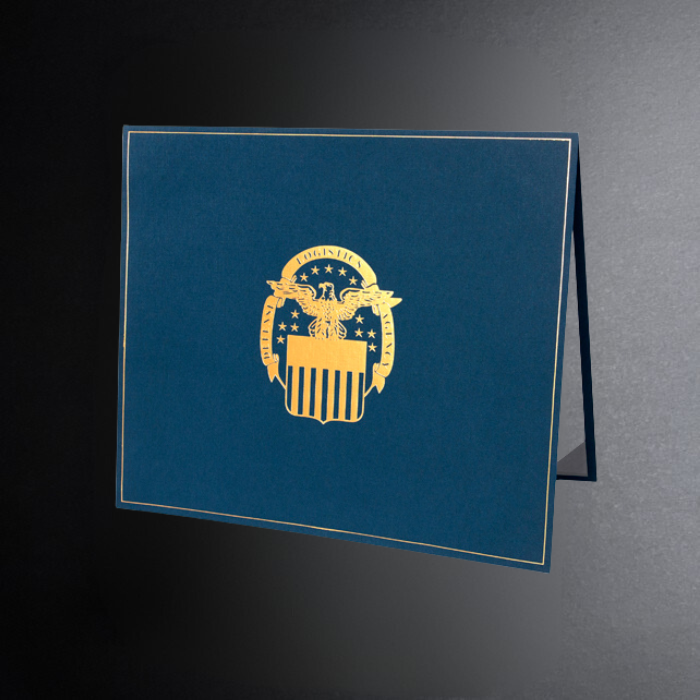 Blue card with a gold emblem on a dark gray background