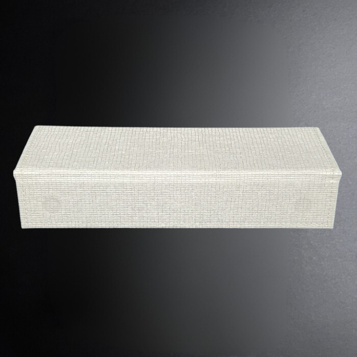 Rectangular white textured box on a dark gray background