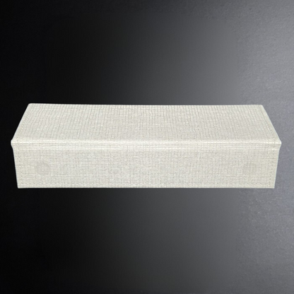 Rectangular white textured box on a dark gray background