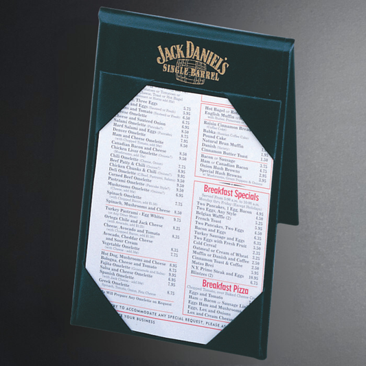 Jack Daniel's branded menu holder with a menu on a gray background