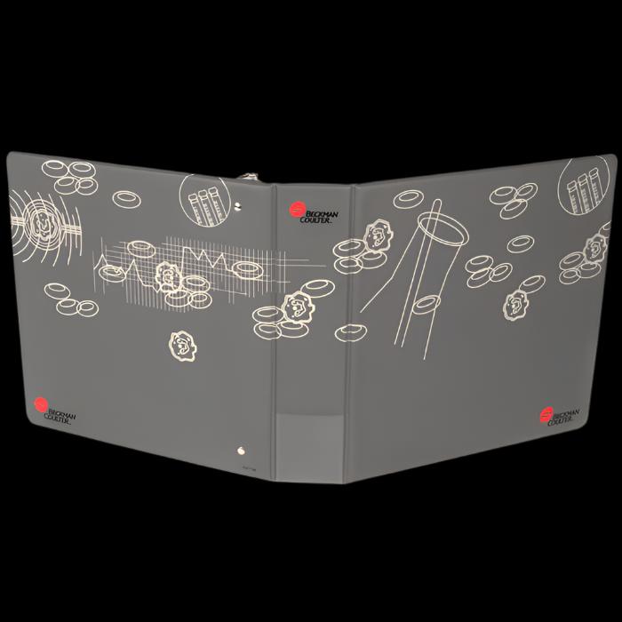 A gray Beckman heat seal binder with a silkscreen decoration featuring scientific and technical designs on the cover.