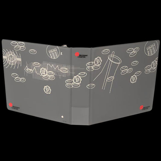 A gray Beckman heat seal binder with a silkscreen decoration featuring scientific and technical designs on the cover.