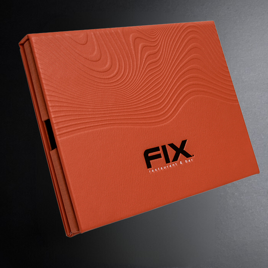 Orange menu cover with 'FIX' logo on a gray background