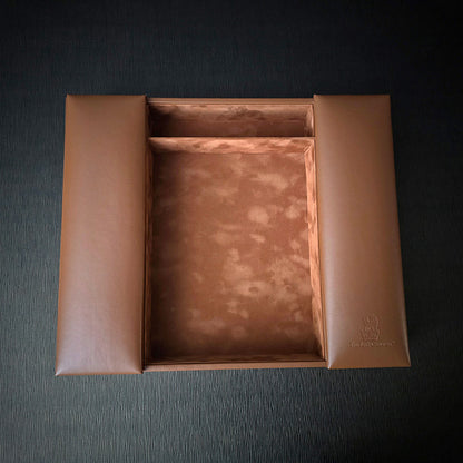 A square-shaped conference box with a tan urethane cover and felt divider walls, featuring a blind deboss logo on the top right corner.