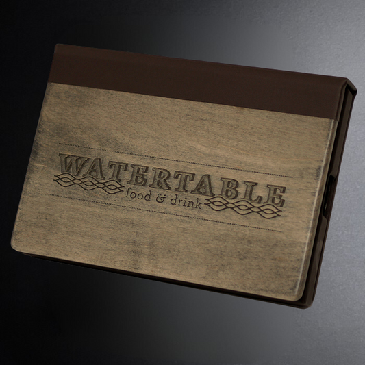 Menu cover with 'WATERTABLE food & drink' branding on a dark background