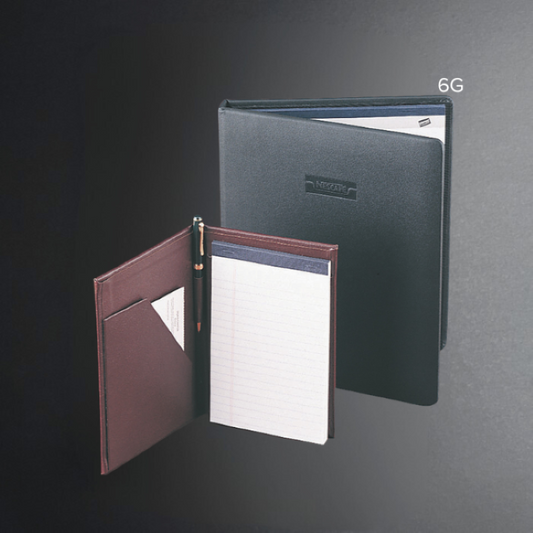 Padfolio with a pen holder and open to reveal lined pages on a dark background