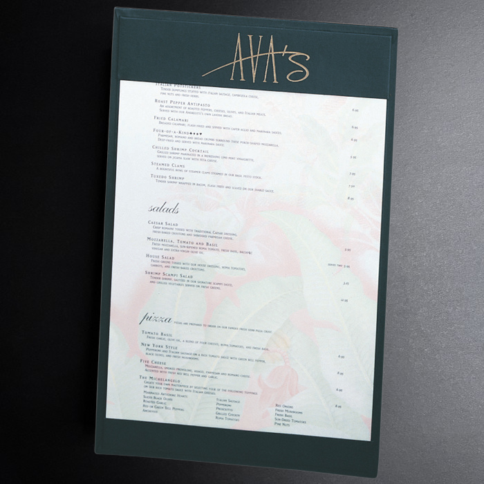 Menu with gold text on a dark background
