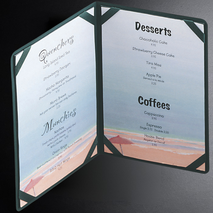Open menu with dessert and coffee listings on a dark background
