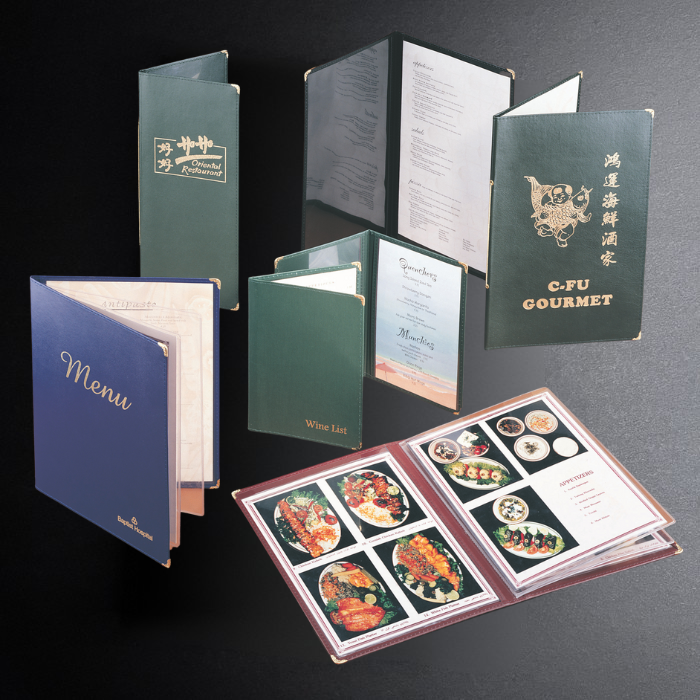 Collection of restaurant menus with visible branding on a dark background