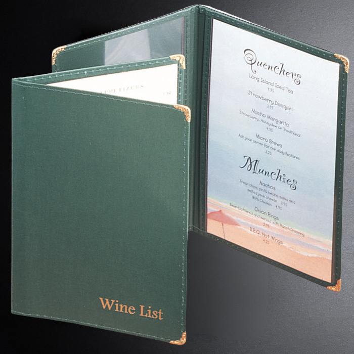 Green menu cover with 'Wine List' text on a black background