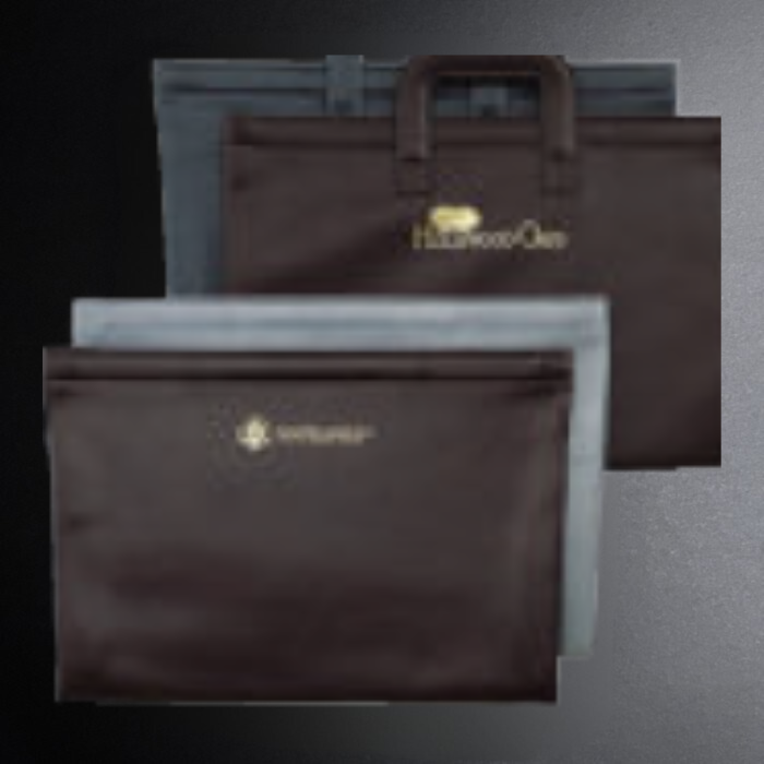 Two brown bags with a visible brand logo on a gradient background